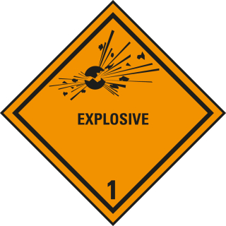 Verpackungskennzeichen: Klasse 1.1 - mit Zusatztext Explosive, gelb-schwarz, IMDG-Code, GGVSEB, ADR, IATA, seewasserbeständige Folie, 100 mm x 100 mm, 1 Stück