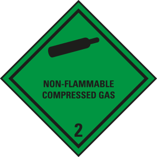 Verpackungskennzeichen: Klasse 2.2 - mit Zusatztext Non-Flammable Compressed Gas, grün-schwarz, IMDG-Code, GGVSEB, ADR, IATA, seewasserbeständige Folie, 100 mm x 100 mm, 1 Stück