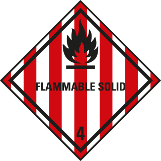 Verpackungskennzeichen: Klasse 4.1 - mit Zusatztext Flammable Solid, rot-weiß, IMDG-Code, GGVSEB, ADR, IATA, seewasserbeständige Folie, 100 mm x 100 mm, 1 Stück