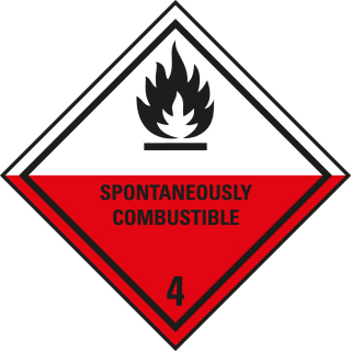 Verpackungskennzeichen: Klasse 4.2 - mit Zusatztext Spontaneously Combustible, weiß-rot, IMDG-Code, GGVSEB, ADR, IATA, seewasserbeständige Folie, 100 mm x 100 mm, 1 Stück