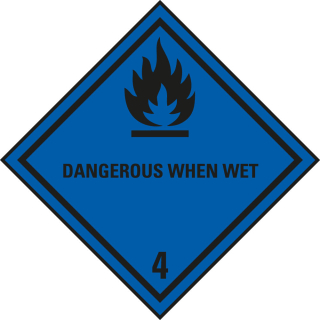 Verpackungskennzeichen: Klasse 4.3 - mit Zusatztext Dangerous When Wet, blau-schwarz, IMDG-Code, GGVSEB, ADR, IATA, seewasserbeständige Folie, 100 mm x 100 mm, 1 Stück