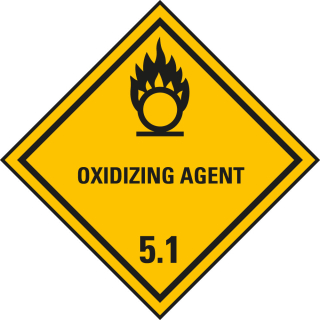 Verpackungskennzeichen: Klasse 5.1 - mit Zusatztext Oxidizing Agent, gelb-schwarz, IMDG-Code, GGVSEB, ADR, IATA, seewasserbeständige Folie, 100 mm x 100 mm, 1 Stück