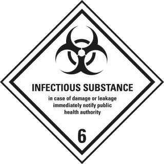 Verpackungskennzeichen: Klasse 6.2 - mit Zusatztext Infectious Substance, weiß-schwarz, IMDG-Code, GGVSEB, ADR, IATA, seewasserbeständige Folie, 100 mm x 100 mm, 1 Stück