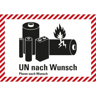 Verpackungskennzeichen: für Lithium-Batterien mit UN-Nummer und Telefonnummer nach Wunsch, ADR, RID, ADN, IMDG-Code, IATA, weiß-schwarz, Folie selbstklebend, 100 mm x 70 mm, 1 Stück
