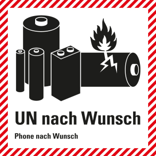 Verpackungskennzeichen: für kleine Lithium-Batterien mit UN-Nummer und Telefonnummer nach Wunsch, ADR, RID, ADN, IMDG-Code, IATA, weiß-schwarz, Folie selbstklebend, 100 mm x 100 mm, 500 St./Rolle