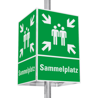 Würfelset Rettungszeichen Sammelplatz, 4 Rettungszeichen inkl. Befestigung, grün-weiß, Aluminium, 400 x 600 mm, 4 St./Verpackungseinheit