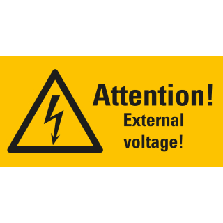 Warn-Kombischild: Attention! External voltage!, UL-anerkannt, Folie selbstklebend, 52 mm x 26 mm, 10 St. / Bogen