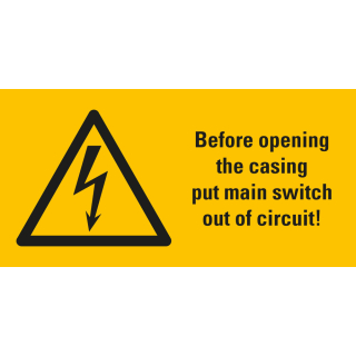 Warn-Kombischild: Before opening the casing put main switch out of circuit!, UL-anerkannt, Folie selbstklebend, 52 mm x 26 mm, 10 St. / Bogen
