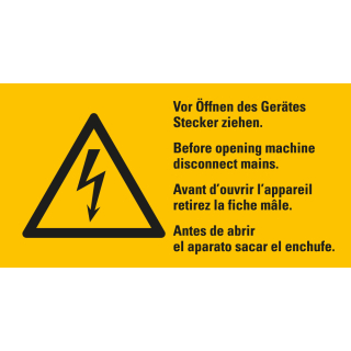 Warn-Kombischild: Vor Öffnen des Gerätes Stecker ziehen, 4-sprachig, UL anerkannte Folie, 74 x 37 mm, 1 Stück