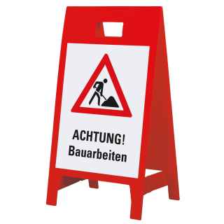 Warnaufsteller leicht: Achtung! Bauarbeiten, Symbol und Text, doppelseitig, Polypropylen, 350 x 650 mm, 1 Stück