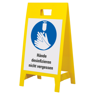 Warnaufsteller leicht: Hände desinfizieren [...], Symbol und Text, doppelseitig, Polypropylen, 350 x 650 mm, 1 Stück