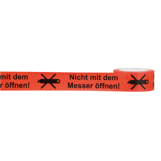 Warnband: Nicht mit dem Messer öffnen, rot-schwarz, Polypropylen-Folie mit starkem Acrylkleber, 50 mm x 66 m, 6 Rollen / Verpackungseinheit