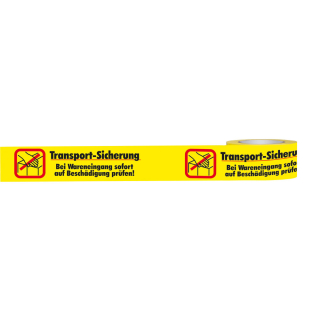 Warnband: Transport-Sicherung, Bei Wareneingang sofort auf Beschädigung prüfen!, gelb-schwarz, Polypropylen-Folie mit starkem Acrylkleber, 50 mm x 66 m, 6 Rollen / Verpackungseinheit