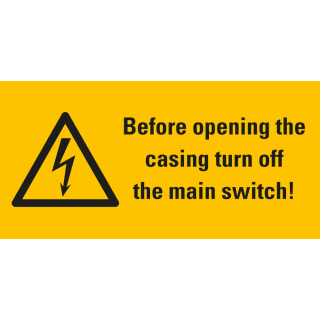 Warnschild: Before opening the casing turn off the main switch, Blitzpfeil, RoHS konform, Folie selbstklebend, 52 mm x 26 mm, 10 St./Bogen