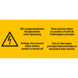 Warnschild: Bei ausgeschaltetem Hauptschalter unter Spannung, 4-sprachig, Blitzpfeil, Folie selbstklebend, 100 mm x 50 mm, 1 Stück