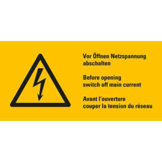 Warnschild: Vor Öffnen Netzspannung abschalten, 3-sprachig, Blitzpfeil, Folie selbstklebend, 100 mm x 50 mm, 1 Stück