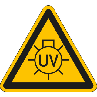 Warnschild: Warnung vor UV-Strahlung, Dreieck, gelb-schwarz, Folie selbstklebend, Schenkellänge 100 mm, 1 Stück
