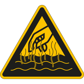 Warnschild: Warnung vor heißen Flüssigkeiten und Dämpfen, Dreieck, gelb-schwarz, Folie selbstklebend, Schenkellänge 100 mm, 1 Stück