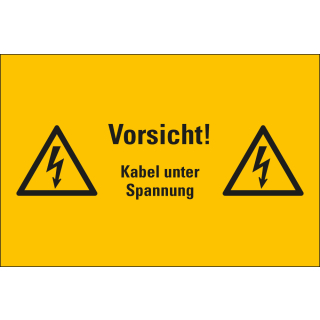 Warnschild: Vorsicht! Kabel unter Spannung, zwei Blitzpfeile, Folie oder Kunststoff