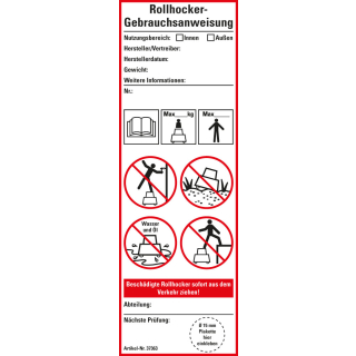 Aufkleber Rollhocker-Gebrauchsanweisung, weiß, rot umrahmt