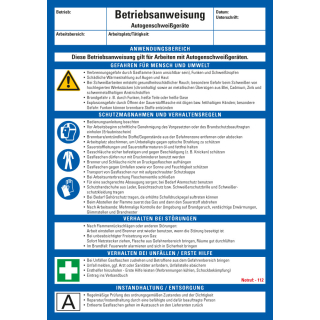 Aushang Betriebsanweisung Autogenschweißgeräte, blau-weiß