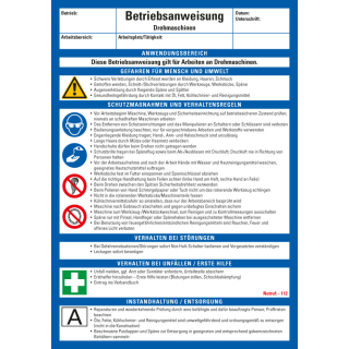 Aushang Betriebsanweisung Drehmaschinen, blau-weiß