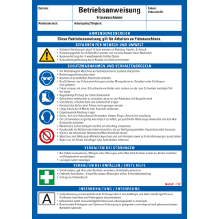 Aushang Betriebsanweisung Fräsmaschinen, blau-weiß