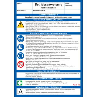 Aushang Betriebsanweisung Handbohrmaschinen, blau-weiß