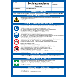 Aushang Betriebsanweisung Hebezeuge, blau-weiß