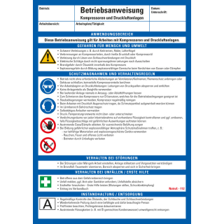 Aushang Betriebsanweisung Kompressoren und Druckluftanlagen, blau-weiß