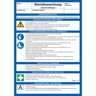 Aushang Betriebsanweisung Lagereinrichtungen, blau-weiß