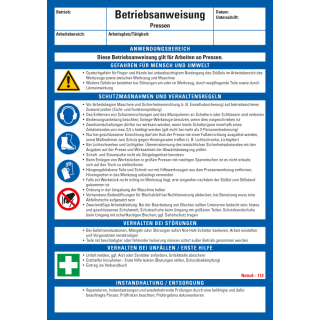 Aushang Betriebsanweisung Pressen, blau-weiß