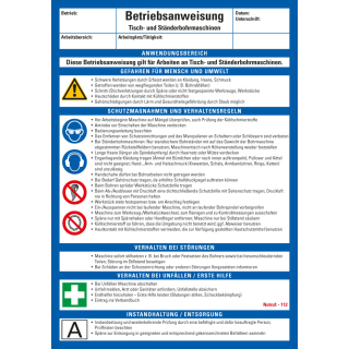 Aushang Betriebsanweisung Tisch- und Ständerbohrmaschinen, blau-weiß