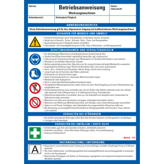 Aushang Betriebsanweisung Werkzeugmaschinen, blau-weiß