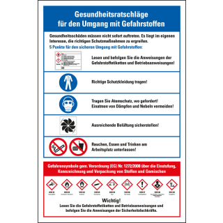 Aushang Gesundheitsratschläge für den Umgang mit Gefahrstoffen, weiß