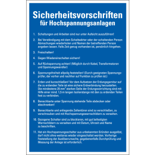 Aushang Sicherheitsvorschriften für Hochspannungsanlagen, blau