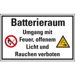 Batterieraum Umgang mit Feuer, offenem Licht und Rauchen verboten mit zwei Piktogrammen