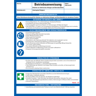 Aushang Betriebsanweisung Arbeiten an elektrischen Anlagen und Betriebsmitteln, blau-weiß