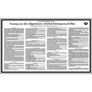 
Betriebsaushang: Auszug allgemeiner Unfallverhütungsvorschriften, weiß, Kunststoff oder Resopal, 430 mm x 260 mm, nur als Einzelstück
