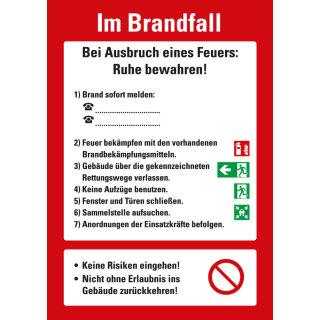 Betriebsaushang: Im Brandfall [...], weiß-rot, gemäß EN ISO 7010, Kunststoff, zwei Größen, nur als Einzelstück