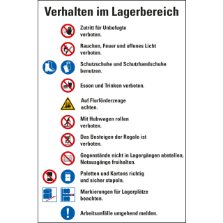 
Betriebsaushang: Verhalten im Lagerbereich, weiß, Piktogramme gemäß DIN EN ISO 7010, Folie oder Kunststoff, 200 mm x 300 mm, nur als Einzelstück
