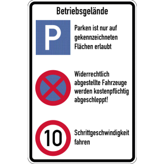 Betriebsgeländeschild mit drei Verkehrszeichen, Aluminium normal oder reflektierend RA0