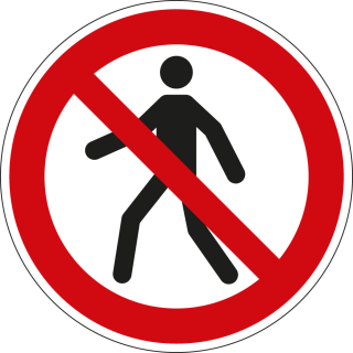 Bodensicherheitszeichen: Für Fußgänger verboten, weiß-rot, ASR A1.3, DIN EN ISO 7010/P004, Bodenmarkierungsfolie selbstklebend, drei Durchmesser, nur als Einzelstück
