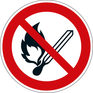 Bodensicherheitszeichen: Keine offene Flamme, Feuer, offene Zündquelle und Rauchen verboten, weiß-rot, ASR A1.3, DIN EN ISO 7010/P003, Bodenmarkierungsfolie selbstklebend, Ø 600 mm, 1 Stück