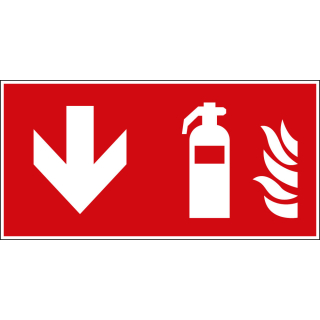 Brandschutzschild: Feuerlöscher nach unten, rot-weiß, ASR/ISO, Kunststoff, 300 mm x 150 mm, 1 Stück