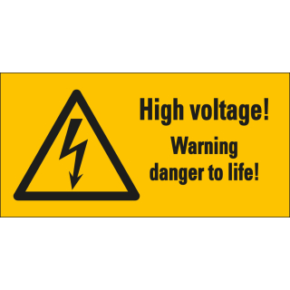 Warnschild / Warnzeichen: High voltage! Warning danger to life!, Blitzpfeil, RoHS konform, ASR/ISO, Folie selbstklebend, 52 mm x 26 mm, 10 St./Bogen