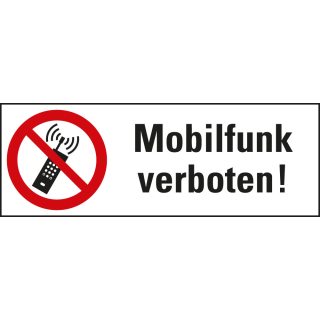 Kombi-Verbotsschild: Mobilfunk verboten!, Piktogramm & Text, Folie selbstklebend, 210 mm x 74 mm, 1 Stück