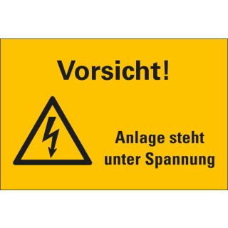 Warnschild: Vorsicht! Anlage steht unter Spannung, Blitzpfeil, RoHS konform, Folie oder Kunststoff