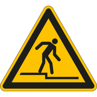 Warnschild / Warnzeichen: Warnung vor Abwärtsstufe, Dreieck, gelb-schwarz, ISO, Folie selbstklebend, Schenkellänge 200 mm, 1 Stück