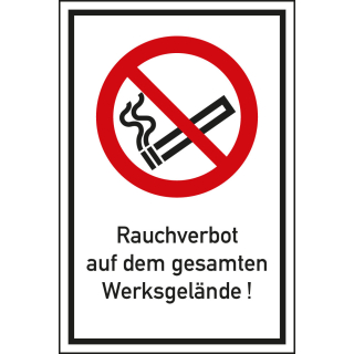 Kombi-Verbotsschild: Rauchverbot auf dem Werksgelände, Piktogramm & Text, ISO, Aluminium, zwei Größen, nur als Einzelstück